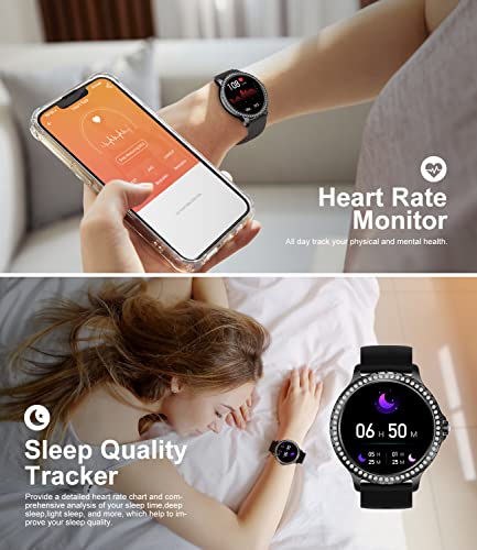 Smart Watch for Women with Make/Answer Call IP67 Waterproof Fitness Activity Tracker 1.32" HD Touchscreen Compatible iOS Android Fashion Smartwatches Black Diamond Stainless Steel Watch