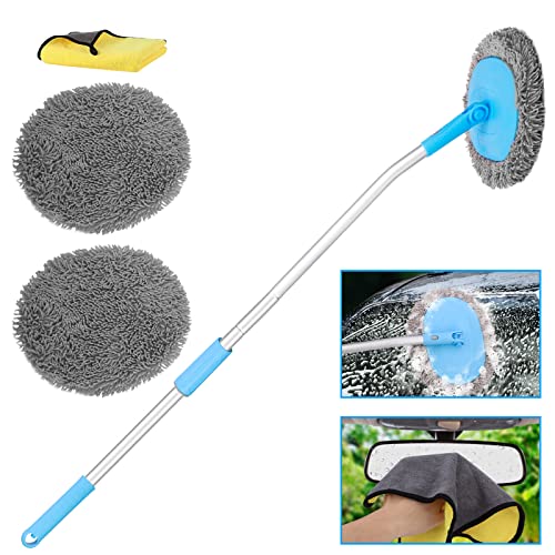 Beedove Car Wash Brush Mop, 180° Rotatable & Adjustable Car Wash Cleaning Mop with 2 Replacement Mop Head, Scratch-Free Car Cleaning Supplies Kit for Washing Detailing Cars Truck/SUV/RV/Trailer/Boat