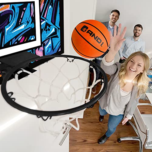 AND1 Mini Basketball Hoop: 18”x12” Pre-Assembled Portable Over The Door with Flex Rim, Includes Two Deflated 5” Mini Basketball with Pump, for Indoor, Orange/Light Blue