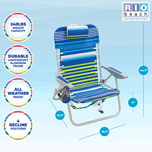 Rio Brands Beach 4-PRio Beach 4-Position Backpack Lace-Up Suspension Folding Beach Chair - Blue/Green Stripe, 24" x 24.75" x 33"