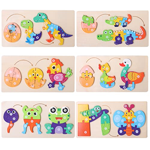 6-Pack Wooden Animal Growth Puzzle， Puzzles for Kids Ages 3-5 ，Montessori Toys for 3 4 5 Year Olds ，Gifts for 2-4 Year Old Boys Girls