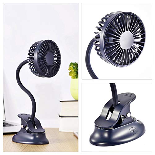 Clip on Fan Usb Mini Fan Battery Operated Desk Fan with Emergency Power Bank, Baby Stroller Fan Rechargeable Personal Fan Flexible Neck 3 Speeds Great for Beach Car Camping Dorm Bed Office-Navy Blue