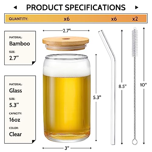 [ 6pcs Set ] Glass Cups with Bamboo Lids and Glass Straw - Beer Can Shaped Drinking Glasses, 16 oz Iced Coffee Glasses, Cute Tumbler Cup for Smoothie, Boba Tea, Whiskey, Water - 2 Cleaning Brushes