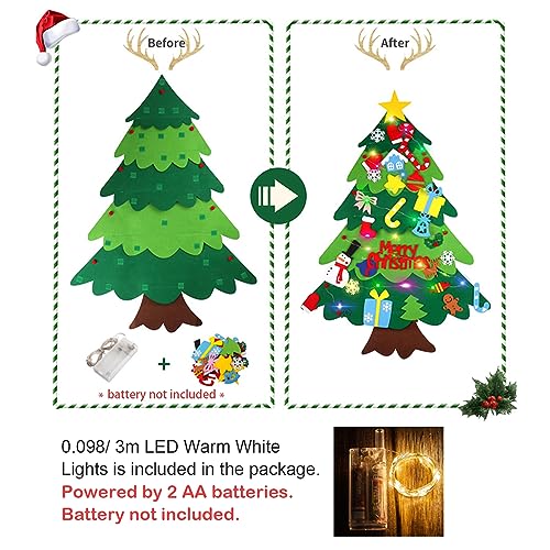 Felt Christmas Tree Set for Toddlers Kids with 3m/9.8ft Led String Light, 3.2ft/98cm Wall Hanging DIY Christmas Tree with 32 Detachable Ornaments for Xmas Home Decoration