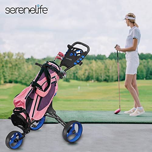 SereneLife 3 Wheel Golf Push Cart - Lightweight Folding Golf Walking Push Cart Roller Golf Bag Holder w/Upper/Lower Bracket w/Elastic Strap, Scorecard, Cup, & Bag Storage Holder - SereneLife SLG3W