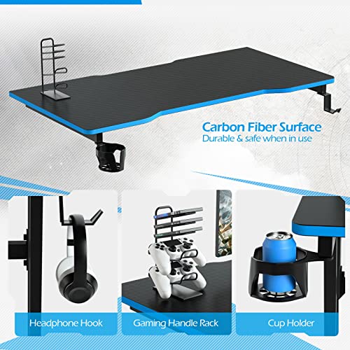 Giantex Z Shaped Gaming Desk, Ergonomic Gaming Table w/Cup Holder, Adjustable Headphone Hook, Gaming Handle Rack & Carbon Fiber Desktop, PC Gaming Desk Home Office Computer Desk, Blue & Black