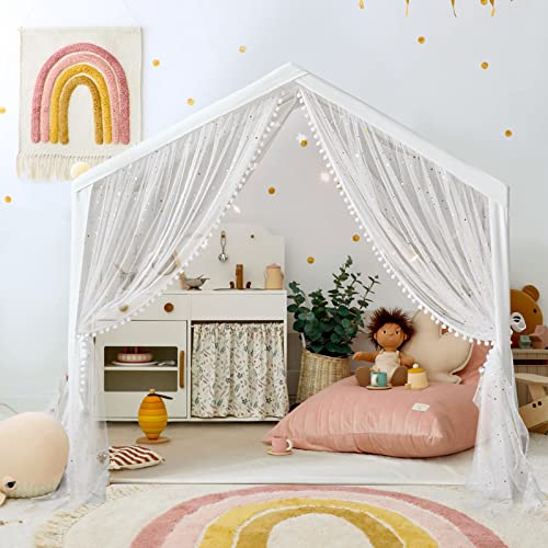 LOAOL Play Tent for Kids with Star Lights, Large Kids House Indoor & Outdoor, Castle Tent for Girls Decorated Sequin Sparkle Stars, Playhouse with Front & Rear Doors for Toddler, Boho Decor
