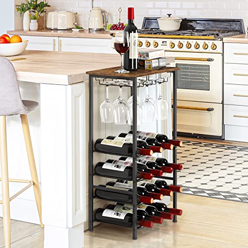 OYEAL Wine Rack Freestanding Floor, Rustic Holder Stand with Storage and Bottle Shelf, 16 Bottles Floor Shelf for Kitchen Dining Room, Office, Bar, Rustic Brown