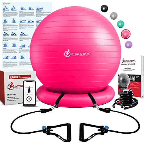 INTENT SPORTS Yoga Ball Chair – Stability Ball with Inflatable Stability Base & Resistance Bands, Fitness Ball for Home Gym, Office, Improves Back Pain, Core, Posture & Balance (65 Cm) (Pink)