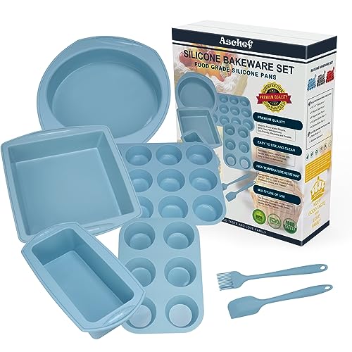 Economical 7in1 Nonstick Silicone Baking Cake Pan Cookie Sheet Molds Tray Set for Oven, BPA Free Heat Resistant Bakeware Suppliers Tools Kit for Muffin Loaf Bread Pizza Cheesecake Cupcake Pie Utensil