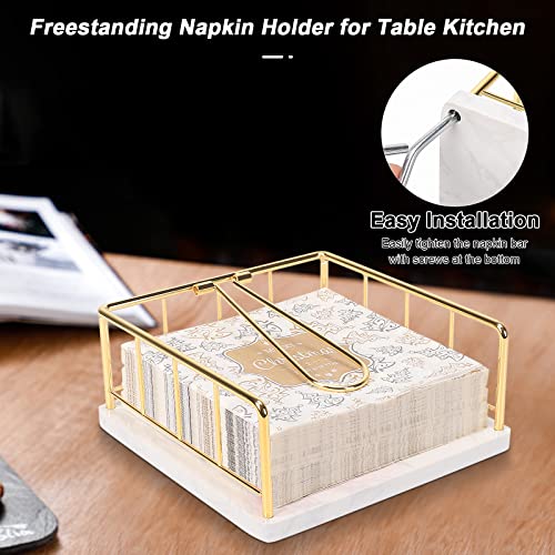 Livabber Flat Napkin Holder with Marble Base, All Metal Kitchen Napkin Holder with Weighted Tension Arm Rustic Tissue Paper Dispenser for Countertop, Table Kitchen, Dining Room (Gold)