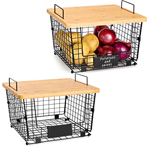 2 Set Kitchen Counter Basket with Bamboo Top - Pantry Cabinet Organization and Storage Wire Basket - Countertop Organizer for Produce, Fruit, Vegetable ( Onion, Potato ), Bread, K-Cup Coffee Pods