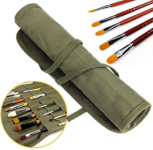 Paint Brush Roll Canvas Pouch, Army Green 22 Slots Paint Brush Holder Roll Up Canvas Paint Brush Bag，Artist Acrylic Oil Watercolour Brushes Case，Student Draw Pen Gouache Watercolor Oil Brush Storage