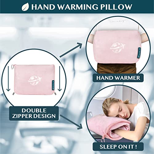 PAVILIA Travel Blanket and Pillow Set, Airplane Blanket Compact 2-in-1 Soft Bag, Travel Essentials for Adult Flight, Portable Throw with Arm Hole, Plane Car Traveling Gift Accessories, Pink