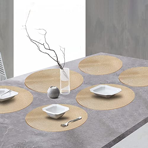 FYY Placemats, Round Placemats Set of 6 for Dining Table, Washable Round Anti-Skid Heat-Resistant PVC Table Mats Durable Stain Resistant Kitchen Table Mats, Set of 6 Gold