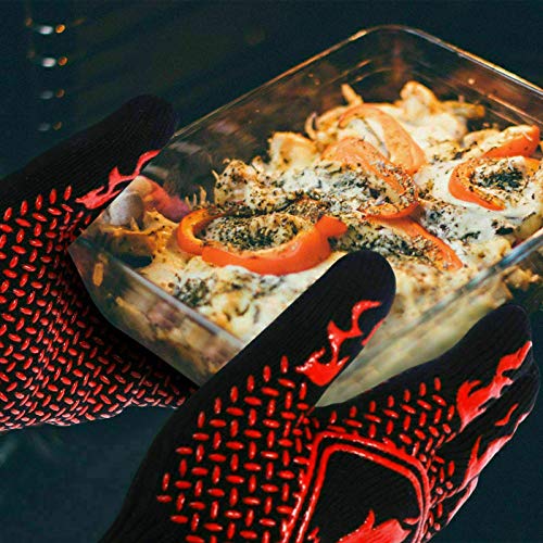 2 PCS BBQ Grill Gloves Heat Resistant Kitchen Oven Pot Holder Silicone Non-Slip Glove for Cooking, Barbecue, Cutting and Outdoor Camping, Baking, Welding, Fireplace (RED - 1 Pair)