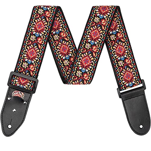 Guitar Strap, Electric Acoustic Guitar Bass Straps with Leather Ends and Pick Pocket, Adjustable Electric Guitar Strap for Bass Ukulele Acoustic Cotton Jacquard Embroidered Design 2" Width, Red