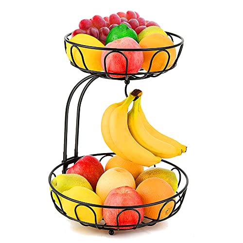2 Tier Fruit Basket for Kitchen Countertop Detachable Metal Wire Fruits Vegetable Storage Bowl Tiered Stand Holder with Banana Hanger for Dining Table Organizer