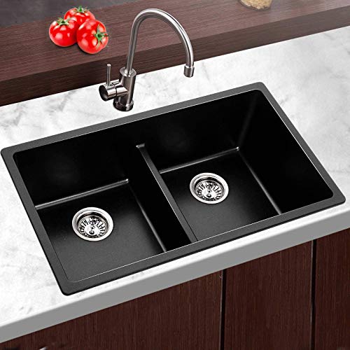 Cefito Stone Kitchen Sink 79 x 46cm Rectangle Double Bowl Black Sinks Granite, Laundry Bathroom Home Basin, Handmade 150KG Capacity Heavy Duty Seamless Design Under Top Mount R15 Corners