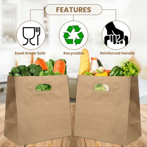 Packware Kraft Paper Tote Bags - Die Cut Handles, Flexicore Materials, Rectangular Shape, Disposable Party Favor, Grocery, Shopping & Food Carry Bags for Home & Commercial Uses - Brown (Pack of 100)