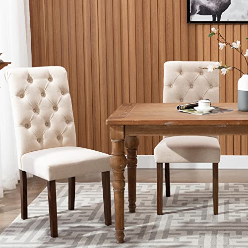 COLAMY Button Tufted Dining Chairs Set of 6, Accent Parsons Diner Chair Upholstered Fabric Dining Room Chairs Stylish Kitchen Chairs with Solid Wood Legs and Padded Seat - Beige