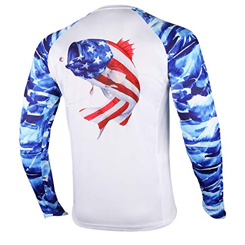 Palmyth Fishing Shirt for Men Long Sleeve Sun Protection UV UPF 50+ T-Shirts with Pocket, Largemouth Bass/Flag, X-Large
