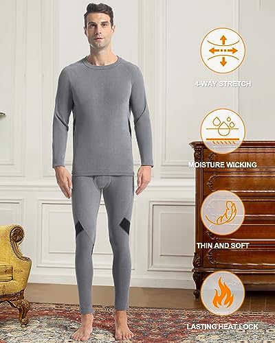 Runhit Thermal Underwear for Men Base Layer Long Underwear Cold Weather Fleece Lined Mens Long John Winter Pants and Shirts Thermal Set XXL Grey