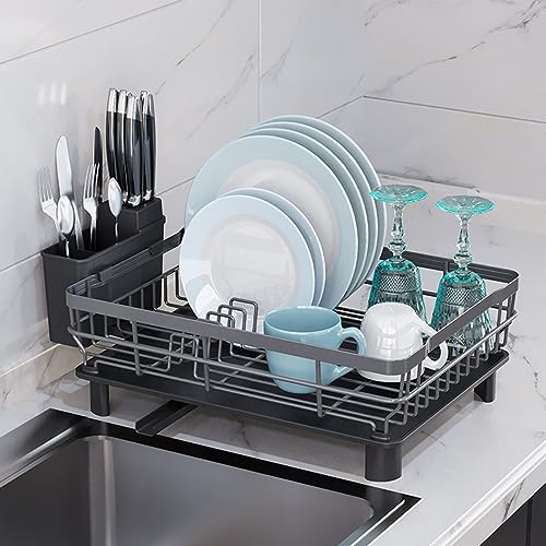 Large Dish Drying Rack with Drainboard, Stainless Steel Dish Rack for Kitchen Counter,Detachable Dish Drainer Organizer Shelf with Utensil Holder Set