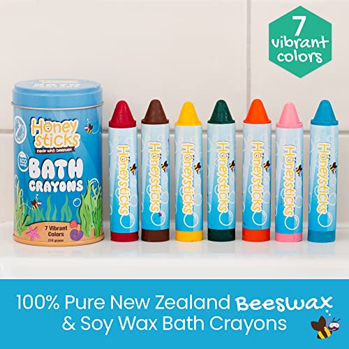 Honeysticks Bath Crayons for Toddlers & Kids - Handmade from Natural Beeswax for Non Toxic Bathtub Fun - Fragrance Free, Non-Irritating Bath Toys - Bright Colours and Easy to Hold - Washable - 7 Pack