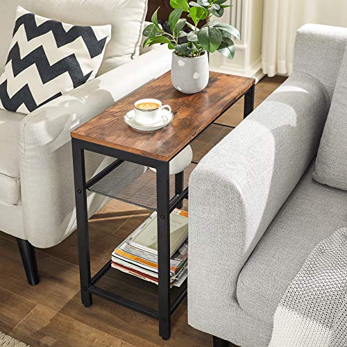 VASAGLE INDESTIC Side Table, 3-Tier Slim End Table with Engineered Wood and Mesh Shelves, Living Room, Industrial Design, Rustic Brown ULET34BX