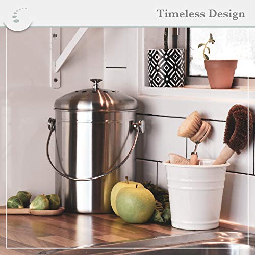 Zenify Earth Stainless Steel Compost Bin Kitchen Countertop 5L - Odourless Double Charcoal Caddy - Australian Owned