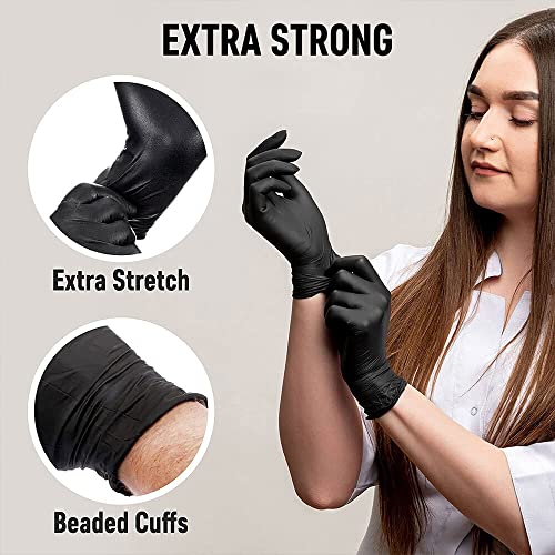 Packware Nitrile Disposable Black Gloves - Latex & Powder Free Work Gloves - Non-Sterile Natural Rubber Gloves for Medical Use, Sensitive Skin, Cleaning and General Use - 100pcs (Large) Black