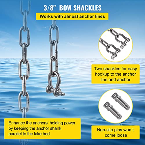 VEVOR Anchor Chain, 10 ft x 5/16 in 316 Stainless Steel Chain, 3/8" Anchor Chain Shackle, 7120lbs Anchor Lead Chain Breaking Load, 9460lbs Anchor Chain Shackle Breaking Load, Anchor Chain for Boats