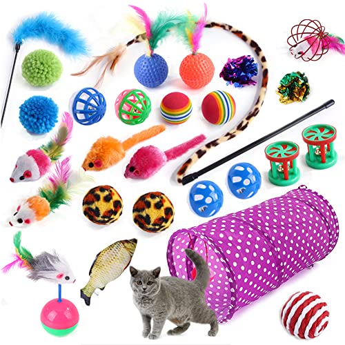 Cat Toys Set Collapsible Pet Tunnel Tubes Indoor Kitten Interactive Feather Fluffy Mouse Crinkle Balls Training Toys for Cats, Puppy, Rabbits