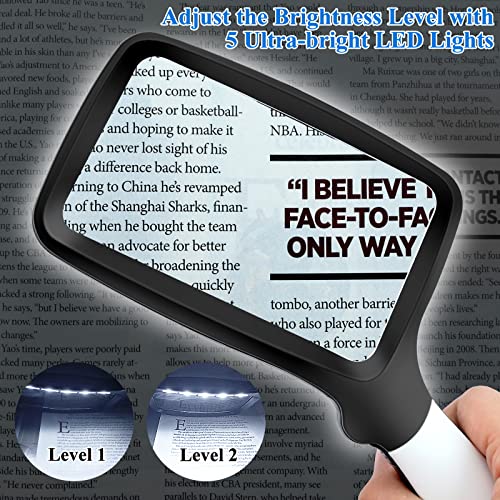 Large Hand Magnifying Glass Handheld Folding Reading Magnifier 3X Magnification with 5 Dimmable LEDs Ideal for Reading Small Prints, Book