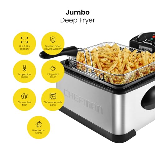 Chefman 4.3 Litre Deep Fryer w/Basket Strainer, XL Jumbo Size, Adjustable Temperature & Timer, Perfect for Fried Chicken, Shrimp, Chips & More, Removable Oil-Container, Stainless Steel