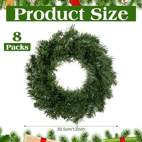 Jutom Christmas Artificial Holiday Pine Wreaths Christmas Pine Wreaths Green Wreaths for Windows Kitchen Cabinets Dining Room Chairs Holiday Tables and Other Holiday Decorations (8, 11.93 Inch)