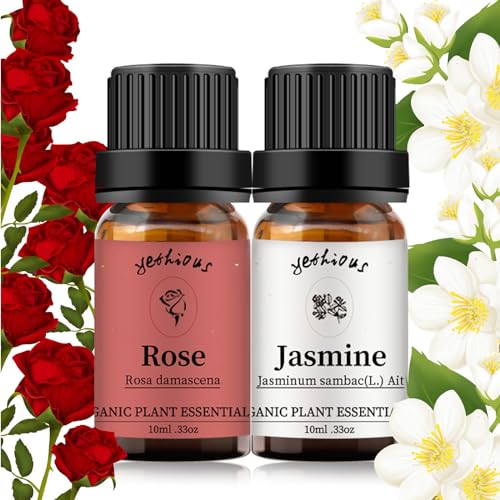 yethious Rose Essential Oil Jasmine Essential Oil Rose Essential Oils Set 2 Pack Organic Rose Oil Essential Oil Undiluted Aromatherapy Oils for Diffuser, Perfume, Soap, Candle Making 2 X 10ML