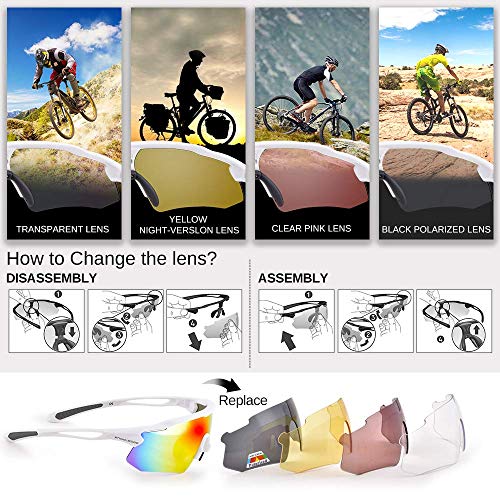 Cycling Glasses with 5 Interchangeable Lenses and TR90 Frame, UV400 Sports Sunglasses for Men Women Cycling Climbing Fishing Driving (White-Revo Red, 502(5 Lenses))