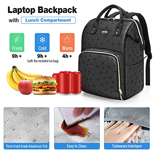 Lekebobor Lunch Backpack for Women Men Laptop Backpack 17.3 Inch, PU Leather Laptop Backpack with Lunch Compartment, Lunch Backpack Cooler Bag with a PVC Lunch Bag and an Ice Bag, Black