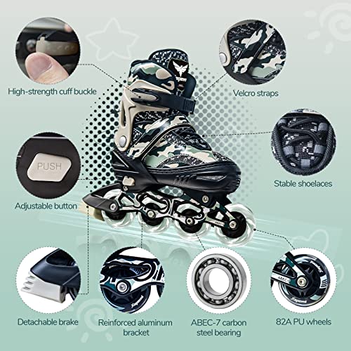 Adjustable Roller Blades, Inline Skates for Girls Kids, Light Up Adult Roller Blades Skates for Boys Girls Children Teens Women Outdoor Indoor(Black Camo)