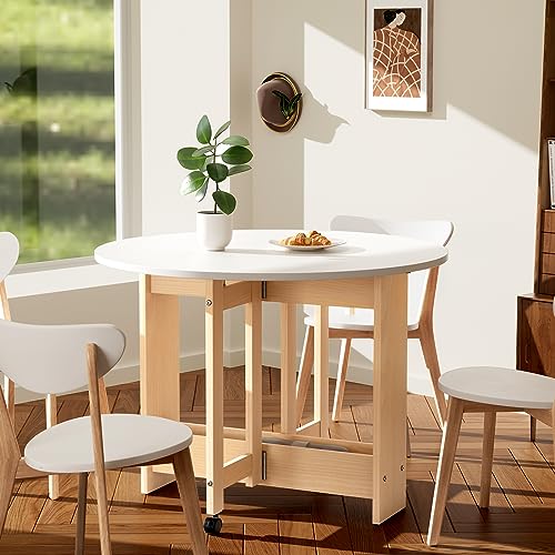 Kasshom Round Drop-Leaf Folding Dining Table, Multifunctional Convertible pace Saving Extendable Table with Storage Box and Wheels, for Kitchen/Farmhouse/Living Room, S White