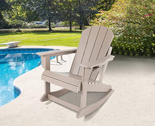 ABCPATIO Adirondack Rocking Chairs Weather Resistant Outdoor Patio Chair with Cup Holder, Seat Width 20" Light Brown