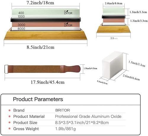 BRITOR Knife Sharpening Stone, Premium 4 Side Grit 400/1000 3000/8000, Whetstones Includes Flattening Stone, Bamboo Base, 2 Non-Slip Rubber Bases, Leather Strop, Hatchet Sharpening Stone