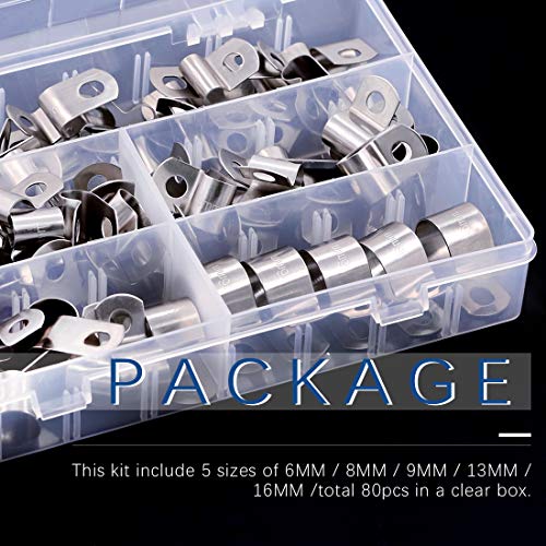 Glarks 80Pcs 5 Size 1/4'' 5/16'' 3/8'' 1/2'' 5/8'' Stainless Steel Cable Clamp Assortment Kit