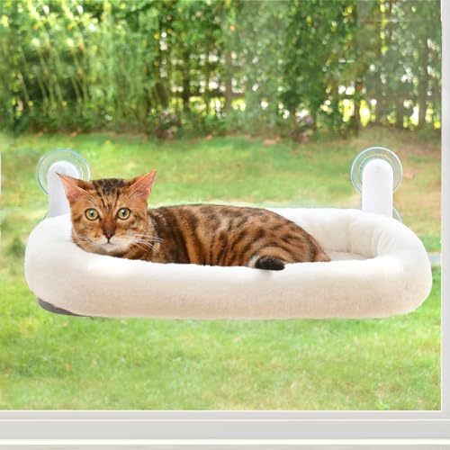 Zoratoo Cat Window Perch, Cordless Cat Hammock Window Seat with Cozy Pad Bed Cover for Indoor Cats, Durable Metal Frame Support Cat Bed with 4 Suction Cups for Large Cats (Cushion Pad Bed - White)