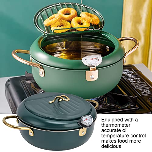 Deep Fryer Pot, 304 Stainless Steel Frying Pot with Thermometer & Lid High Temperature Resistance Nonstick Tempura Fry Pot Portable Mini Deep Fryer for French Fries Shrimp Chicken (Dark Green)