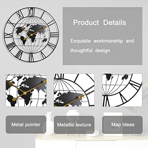 Large World Map Wall Clock, Metal Minimalist Modern Clock, Round Silent Non-Ticking Battery Operated Wall Clocks for Living Room/Home/Kitchen/Bedroom/Office/School Decor (24 Inch)
