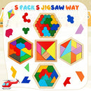 5 Pack Wooden Hexagon Puzzle for Kid Shape Pattern Block Brain Teaser Puzzles Wood Block Puzzle Geometric Tangram Puzzle Hexagon Wooden Puzzle for Jigsaw 3D Logic IQ Game Gift (Geometry)