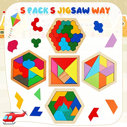 5 Pack Wooden Hexagon Puzzle for Kid Shape Pattern Block Brain Teaser Puzzles Wood Block Puzzle Geometric Tangram Puzzle Hexagon Wooden Puzzle for Jigsaw 3D Logic IQ Game Gift (Geometry)